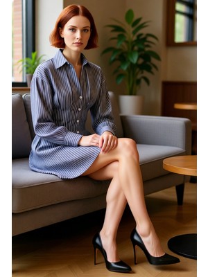 FRM Kadın Terrycotton Dokuma Çizgili Mini Gömlek Elbise Düşük Kol Yaka Günlük Şık Kullanım