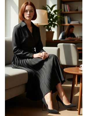 FRM Kadın Kruvaze Ceket Yaka Piliseli Etek Detaylı Uzun Kollu Skater Midi Boy Dokuma Elbise Kaliteli