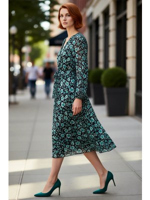 PayBuy Kadın Çiçekli A Kesim Maxi Kuşaklı V Yaka Balon Kol Dokuma Şifon Elbise Zarif ve Modern Tasarım