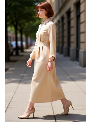 PayBuy Kadın Fermuar Detaylı Gabardin A Line Maxi Elbise Gömlek Yaka Uzun Kol Kış Günlük Şıklık Kaliteli