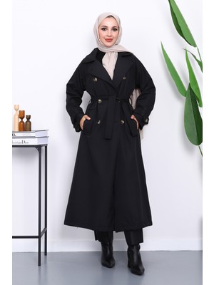İmaj Butik Siyah Kravuze Yaka Kuşaklı Astarlı Trençkot
