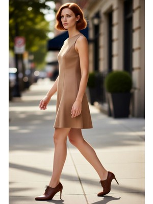 PayBuy Kadın Haki Düz Süet Dokulu Nervürlü Skater Mini Elbise Bisiklet Yaka Kolsuz Tasarım Kaliteli