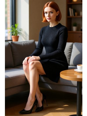 FRM Kadın Casual A Line Triko Mini Elbise Fitilli Dokuma Bisiklet Yaka Uzun Kollu Rahat ve Modern