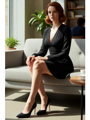 FRM Kadın Polyester Karışımlı V Yaka Düz Skater Elbise Uzun Kollu Gündüzden Geceye Stili Kaliteli