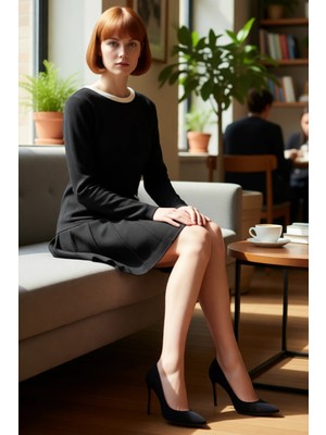 FRM Kadın Akrilik Materyal Skater Kesim Renk Bloklu Uzun Kollu Bisiklet Yaka Triko Elbise Kaliteli