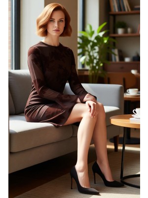 FRM Kadın Floral Flok Baskılı Bisiklet Yaka Uzun Kollu Bodycon Mini Astarlı Tül Elbise Gündüz Gece