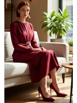 FRM Kadın Fashion Forward Tarz Uzun Kollu Midi Boy Dokuma Anvelop Kesim Cut Outlı Kış Elbisesi