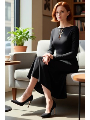 FRM Kadın Uzun Kollu Bodycon Örme Maxi Elbise Aksesuar Detaylı Kışlık Zarif Gündüz Gece Şıklığı