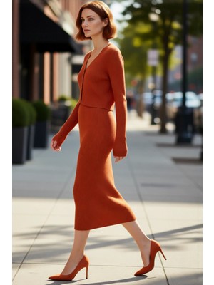 PayBuy Kadın Bodycon Düz Triko Midi Elbise Uzun Kollu V Yaka Günlük Şık ve Rahat Kombinler Için Kaliteli