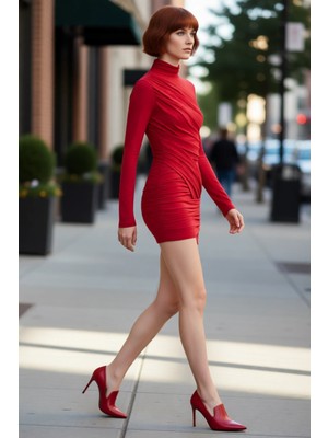 PayBuy Kadın Kırmızı Bodycon Uzun Kollu Dik Yaka Örme Mini Elbise Şık ve Modern Kış Kombinleri Için Ideal