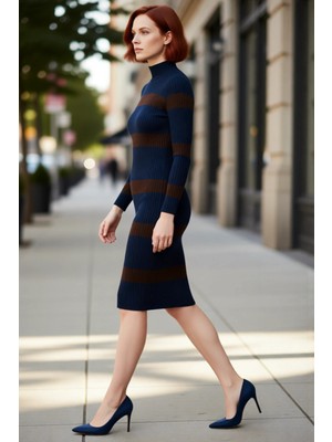 PayBuy Kadın Triko Çizgili Bodycon Midi Elbise Dik Yaka Uzun Standart Kol Akrilik Rahat Şık Tasarım