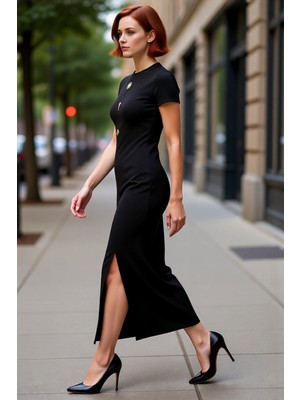 PayBuy Kadın Bodycon Kesim Bisiklet Yaka Aksesuar Detaylı Ottoman Örme Midi Elbise Günlük Rahatlığı Sunar