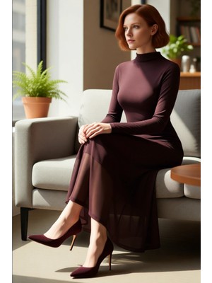 FRM Kadın Feminine A Kesim Dik Yaka Uzun Kollu Örme Midi Elbise Gündüz ve Gece Şıklığı Kaliteli