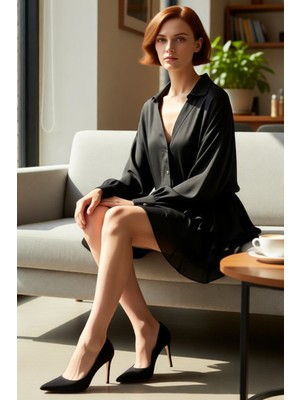 FRM Kadın Siyah Gömlek Yaka Şifon Elbise Mini Boy Düşük Kol Uzun Kollu Günlük Kullanıma Uygun Kışlık