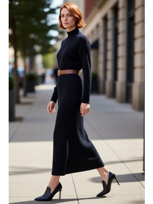 PayBuy Kadın Şık Düz Shift Kalıp Düşük Kol Dik Yaka Kemerli Maxi Yırtmaç Detaylı Kışlık Triko Elbise