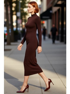 PayBuy Kadın Dik Yaka Bodycon Kesim Maxi Elbise Polyester Karışımlı Örme Uzun Kollu Kışlık Zarif Tasarım