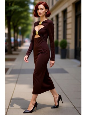 PayBuy Kadın Kahverengi Bodycon Midi Elbise Aksesuar Detaylı Uzun Kollu Sandy Örme Kokteyl Şıklığı