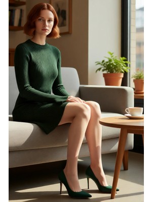 FRM Kadın Casual A Line Triko Mini Elbise Fitilli Dokuma Bisiklet Yaka Uzun Kollu Rahat ve Modern