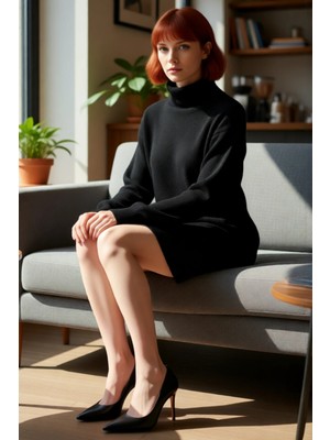 FRM Kadın Casual Ortamlar Için Düşük Kollu Balıkçı Yaka Triko Mini Kazak Elbise Konforlu Sonbahar Kış