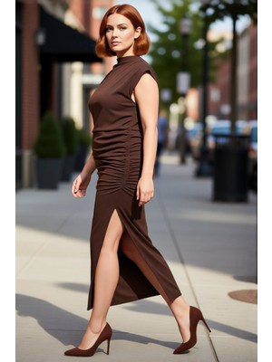 PayBuy Kadın Bodycon Kesim Dik Yaka Düşük Kol Midi Boy Düz Örme Elbise Ilkbahar Sonbahar Şıklığı Kaliteli