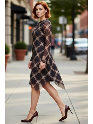 PayBuy Kadın Asimetrik Kesim Örme Tül Ekose Desenli Midi Boy Uzun Kollu Elbise Günlük Şıklık Sunar