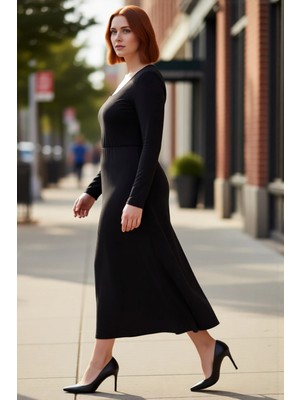 PayBuy Kadın Kare Yaka A Line Kesim Uzun Kollu Örme Maxi Elbise Şık ve Konforlu Günlük Stil Kaliteli