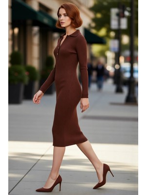 PayBuy Kadınlar Için Midi Boy Uzun Kollu Bodycon Triko Elbise Polo Yaka Fitilli Tasarım Şıklığı Sağlar.