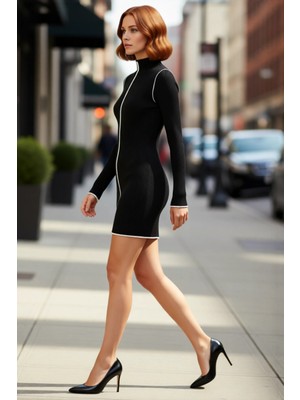 PayBuy Kadın Bodycon Uzun Kollu Dik Yaka Fitilli Renk Bloklu Mini Triko Elbise Kış Kombinleri Için Şık ve