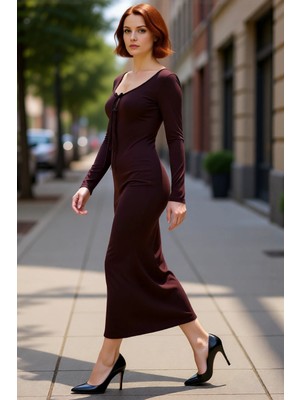 PayBuy Kadın Vücuda Oturan Havuz Yaka Bağlama Detaylı Uzun Kol Smart Şık Örme Maxi Abiye Elbise Kaliteli