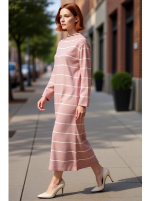 PayBuy Kadın A Kesim Dik Yaka Çizgili Triko Maxi Elbise Uzun Kollu Günlük Şıklık Sunan Konfor Kaliteli