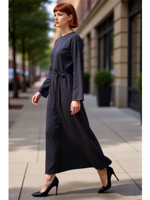 PayBuy Kadın A Kesim Maxi Uzun Kollu Interlok Örme Kemerli Düz Elbise Ilkbahar Sonbahar Için Şık ve Rahat