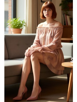 FRM Kadın Feminine Stilde Soyut Desenli Carmen Yaka Balon Kol Fırfırlı Astarlı Skater Mini Elbise