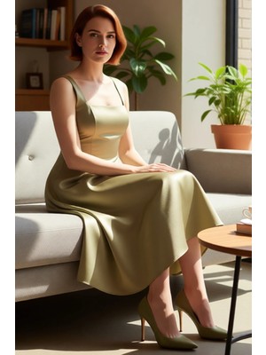 FRM Kadın Abiye Kokteyl Elbisesi Skater Kalıp Kare Yaka Kalın Askılı Midi Dokuma Saten Şık Kaliteli