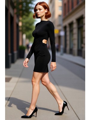 PayBuy Kadın Lacivert Bodycon Kalıp Uzun Kollu Cut Out Detaylı Şık Gece Elbisesi Kış Sezonu Için Ideal