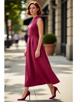 PayBuy Kadın Kemerli V Yaka Skater Siluet Saten Dokuma Maxi Elbise Gece Davetleri Için Şık Tasarım