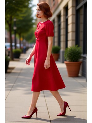 PayBuy Kadın Skater Midi Bisiklet Yaka Balon Kol Fiyonklu Eteği Belden Açılan Şık Gece Kokteyl Elbisesi