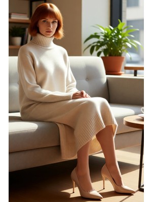 FRM Kadınlara Özel Düz Desen Balıkçı Yaka Midi Triko Elbise Kış Sezonu Için Modern ve Trend Kaliteli