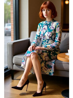 FRM Kadın Şal Desenli Midi Boy Astarlı Şifon Dokuma A Kesim Reglan Kol Dik Yaka Elbise Kaliteli