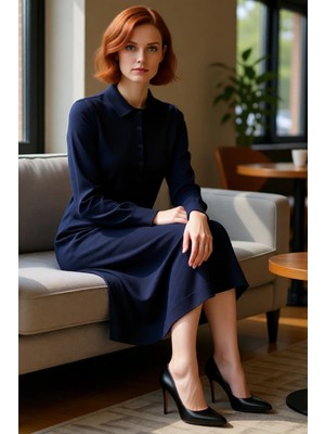 FRM Kadın Uzun Kollu Polo Yaka Triko Midi Elbise Rahat Shift Kalıbı ile Şık ve Konforlu Bir Seçim