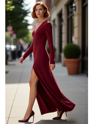 PayBuy Kadın Maxi Bodycon Kalıp V Yaka Uzun Kollu Düz Desen Yırtmaç Detaylı Şık Modern Örme Elbise