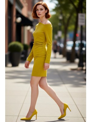 PayBuy Kadın Yeşil Asimetrik Yaka Düşük Uzun Kol Büzgü Detaylı A Line Örme Kışlık Mini Elbise Kaliteli