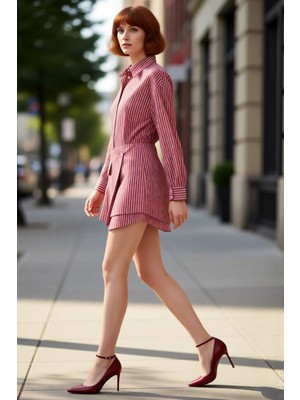 PayBuy Kadın Bordo Çizgili Gömlek Elbise Vücuda Oturan Mini Boy Rahat Dokuma Kumaş Ilkbahar Sonbahar Modası