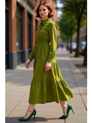 PayBuy Kadın Haki Gömlek Yaka Uzun Kol Maxi Boy Skater Elbise Jakar Dokuma Çiçekli Desenli Viskoz