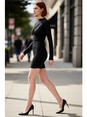 PayBuy Kadın Siyah Bodycon Kalıp Dik Yaka Uzun Yarasa Kol Büzgü Detaylı Örme Sandy Mini Elbise Şıklığıyla