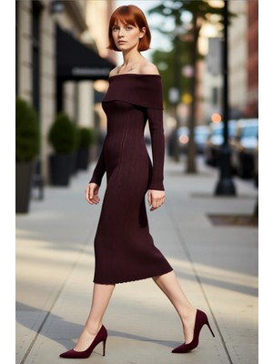PayBuy Kadın Carmen Yaka Uzun Kollu Midi Boy Düz Shift Kalıp Triko Elbise Ilkbahar Sonbahar Şıklığı