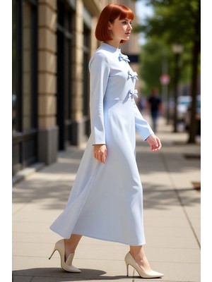 PayBuy Kadın Maxi Boy Dokuma Düz Desen Kurdele Detaylı Skater Siluet Standart Kol Şık Elbise Kaliteli