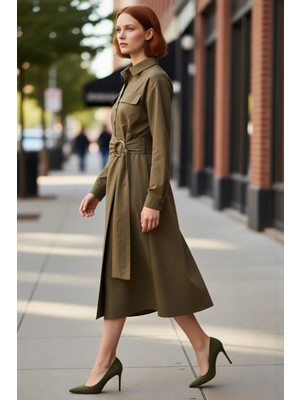 PayBuy Kadın A Line Kesim Midi Boy Kuşaklı Gömlek Yaka Uzun Kollu Dokuma Elbise Kış Kombinleri Için Ideal