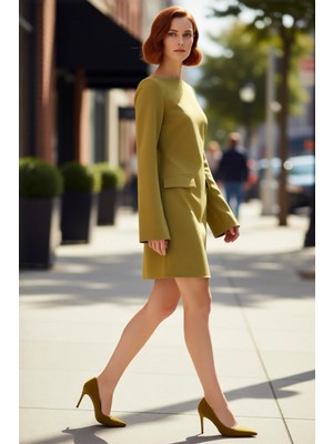 PayBuy Kadın Yeşil A Line Cep Detaylı Kayık Yaka Ispanyol Kol Mini Dokuma Elbise Kış Sezonu Şıklığı