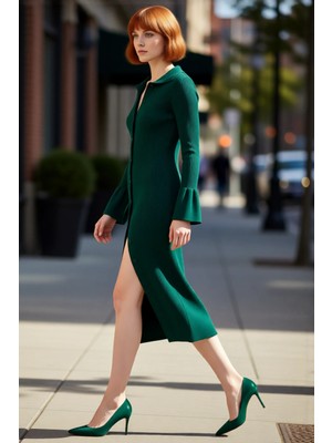 PayBuy Kadın Yeşil Polo Yaka Fitilli Triko Maxi Elbise Uzun Kollu Vücuda Oturan Şık Kışlık Tasarım