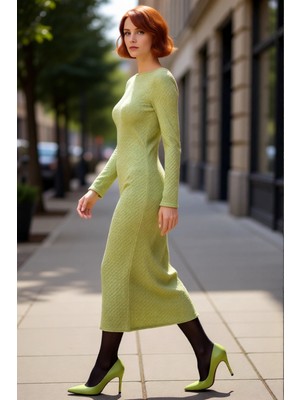 PayBuy Kadın Vücuda Oturan Maxi Elbise Uzun Kollu Kayık Yaka Sırt Dekolteli Gofre Dokulu Kış Şıklığı